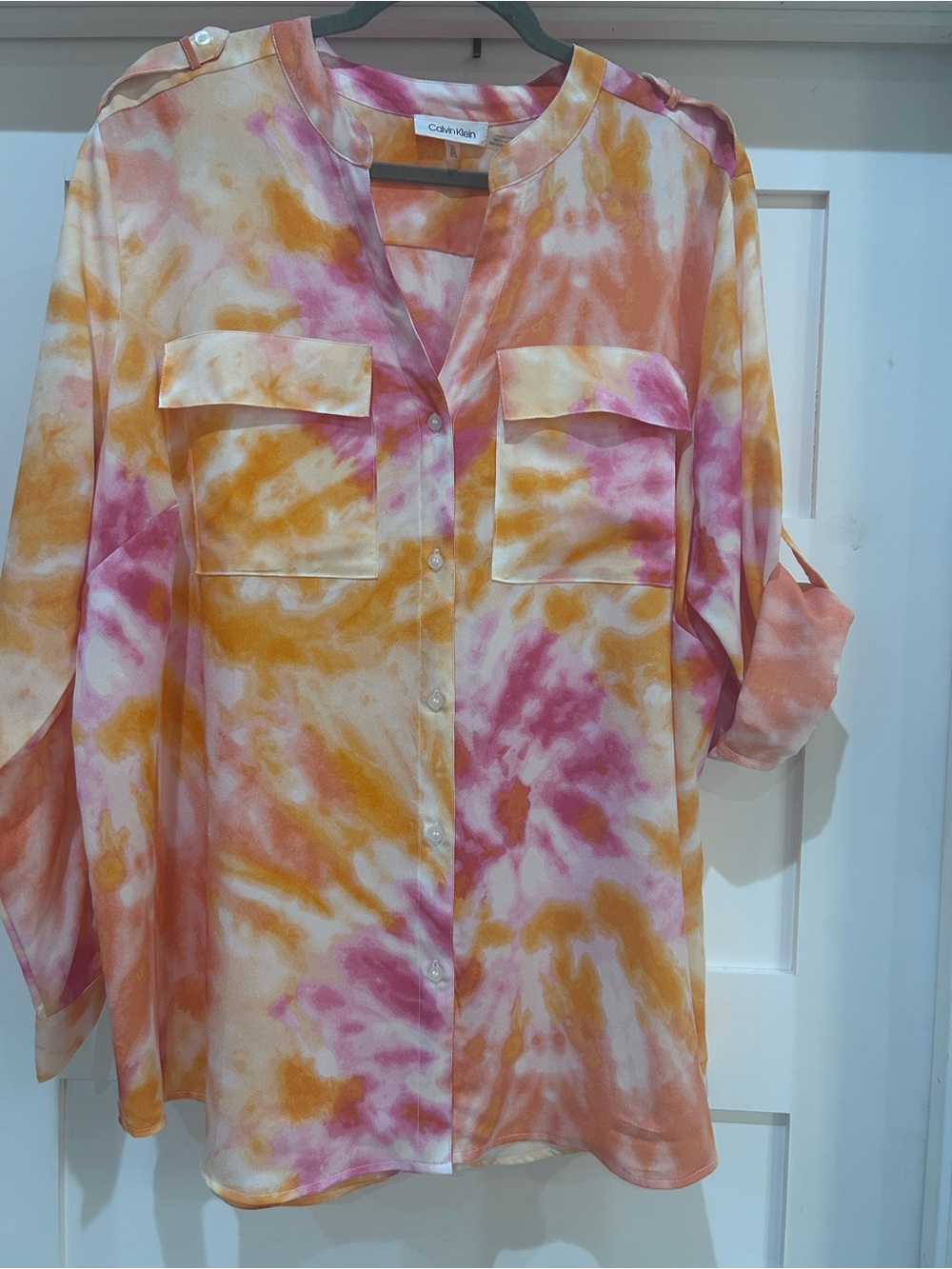 Calvin Klein size 1X Women’s Pink & Orange Tie-Dye Button Front Blouse